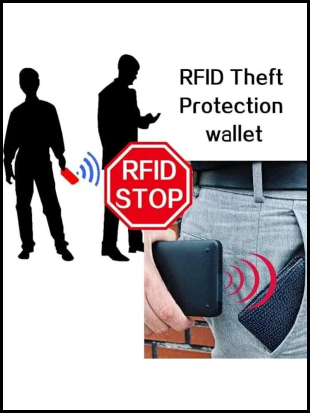 Men's Genuine Leather Bifold Wallet RFID Blocking with Stainless Chain and ID